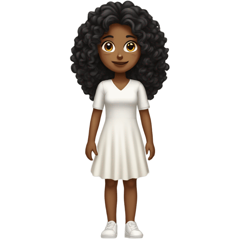 Tan girl with black long curly hair white dress full body emoji