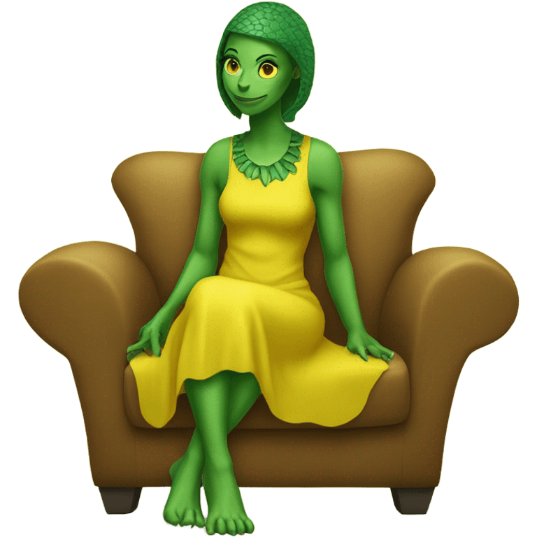 alien reptilian woman in jellow dress, sitting on a couch  emoji