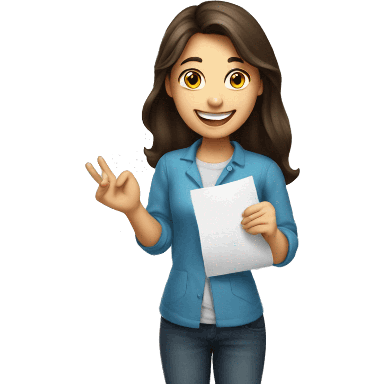 a brunette girl happy to have a 100% on her exam holding it in her hand emoji