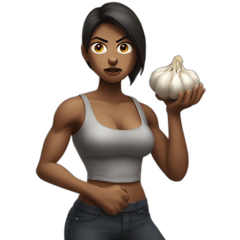 muscular angry woman with a cross in his hand and a garlic emoji