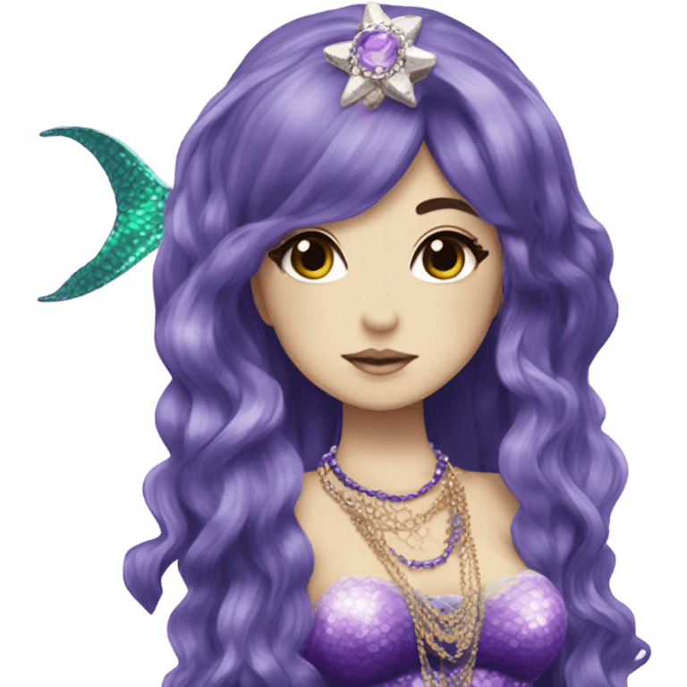 mermaid hime gyaru girl, dark purple hair, jewerly emoji