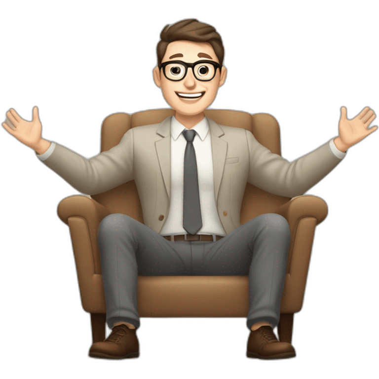 Joyful Celebrating victory Hands up Pale skinned Fit Man With dark brown hair in gray jacket, beige office shirt, Brown pants and vintage glasses sitting In a soft chair emoji