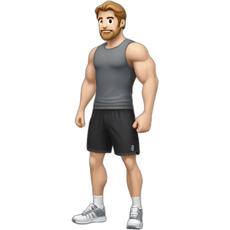 Close up Actively gesturing  with hands Pale skinned Fit Man With the biceps and brown hair in dark gray Sleeveless Mike, black oversize sports shorts, watch and white Sneakers emoji