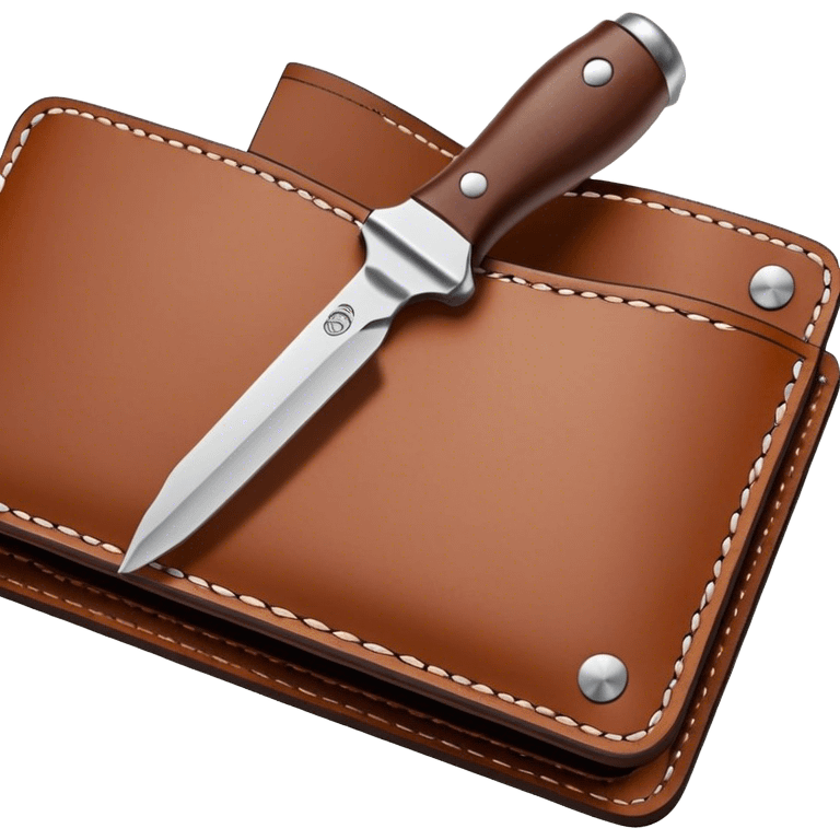 Leatherworking icon, piece of raw leather being crafted into a leather wallet or belt with engraving, professional tools like leather stitching awl, edge beveler, hammer, prying tool, minimalistic style, clean lines, transparent background. emoji