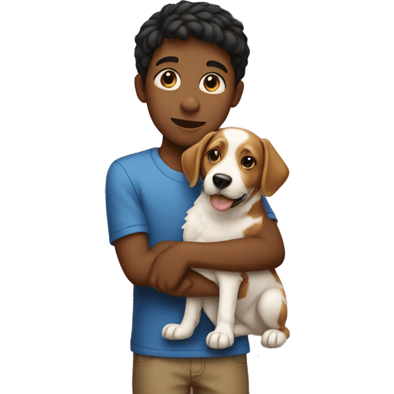 boy holding dog indoors emoji