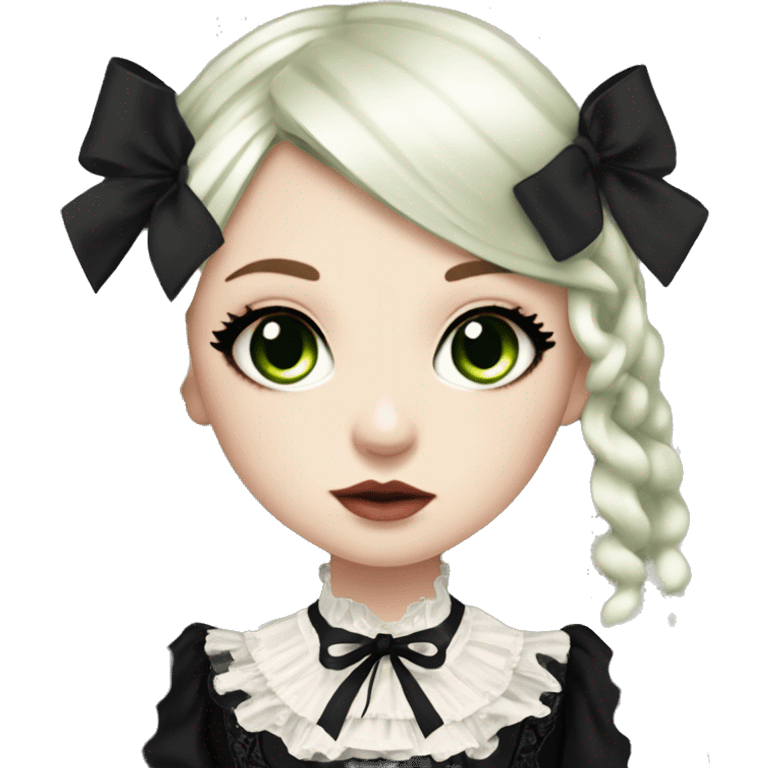 pale woman with long black hair and, pale lips and eyeshadow, long eyelashes, green eyes, black Lolita dress with laces and ribbons, gothic Lolita doll look emoji