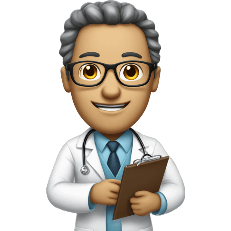 I want you to create a cartoon doctor with a clipboard, who is smiling and wearing glasses. emoji