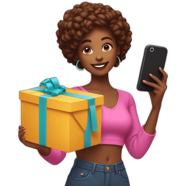 influencer taking a selfie holding a bright box in her arms emoji