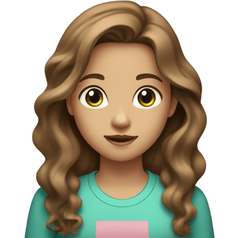 Girl with long brown wavy 2B texture hair, Blue/green eyes, a light tan and a pink shirt very beautiful  emoji