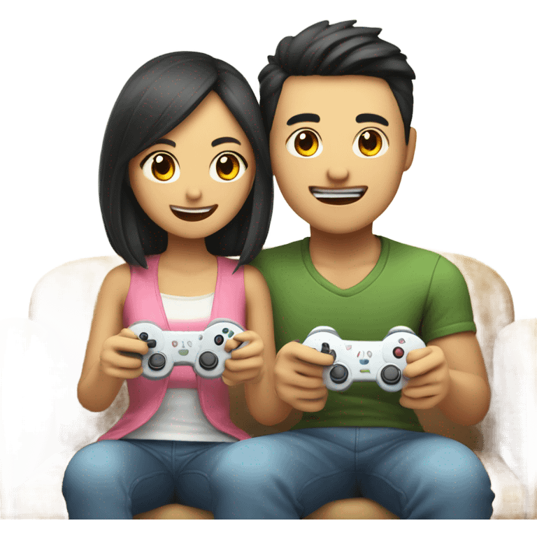 Cute Asian Couple sitting together and having fun playing video games emoji