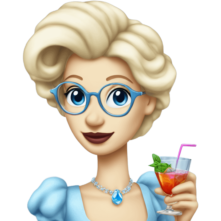 1990's Pale Cinderella with blue eyes wearing glasses drinking a cocktail  emoji