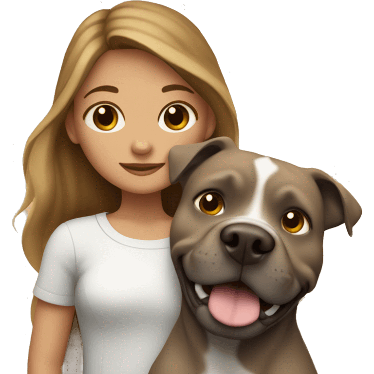 a girl with dark blond long hair with gray eyes hugging a brown pit bull dog emoji