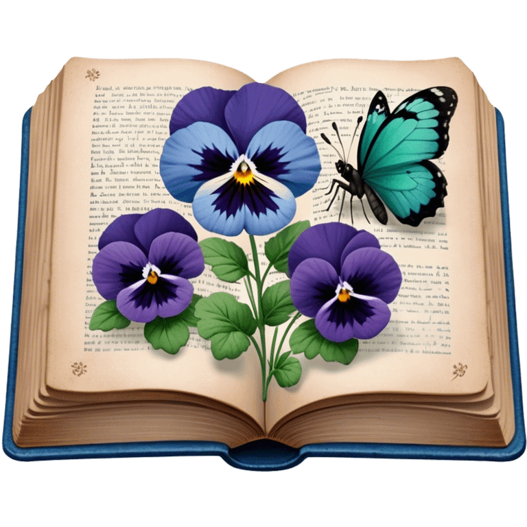 A vintage book with a worn blue cover, open to reveal pressed pansies and a resting green butterfly. emoji