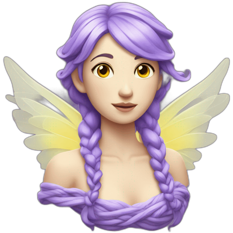 bust of a pale fairy with purple hair in a cascading braid and translucent yellow wings emoji