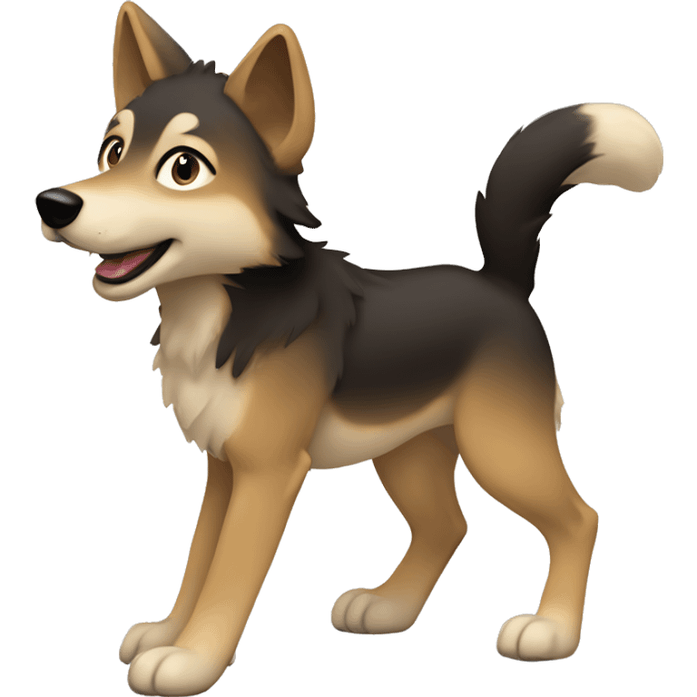 4 legs a light brown puppy-like wolf with black hair on its ears is walking emoji