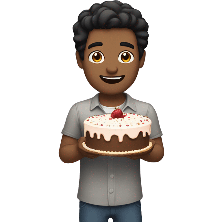 Make a guy with black hair holding a cake emoji