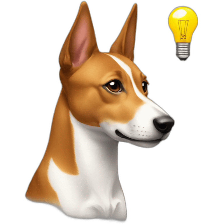 Basenji holds a pencil and has a light bulb shining above his head as an idea. emoji