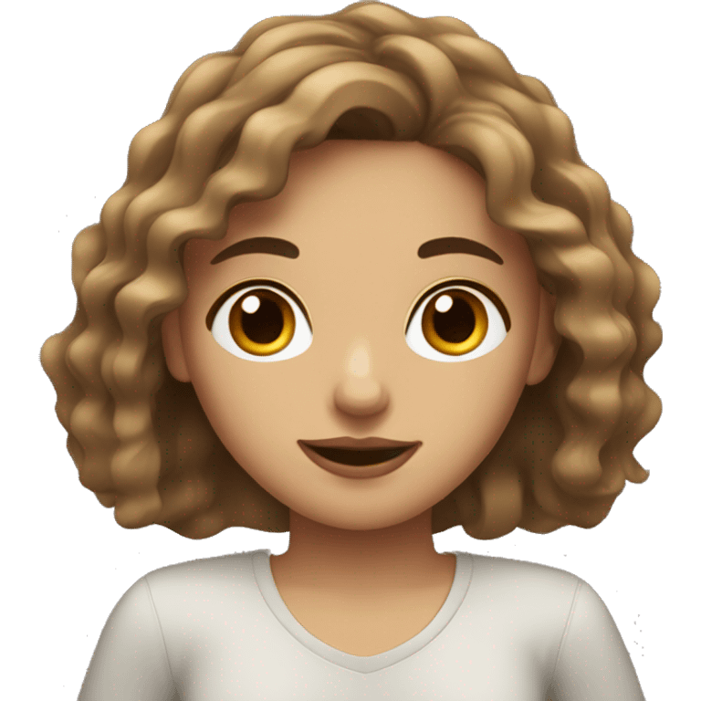 A girl with wavy hair and light skin with black eyes and brown hair drinking coffee emoji