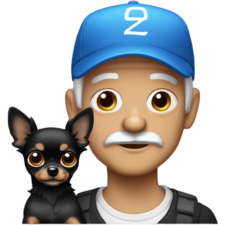 Old man blue eyes with goatee in ball cap holding black long haired chihuahua  emoji