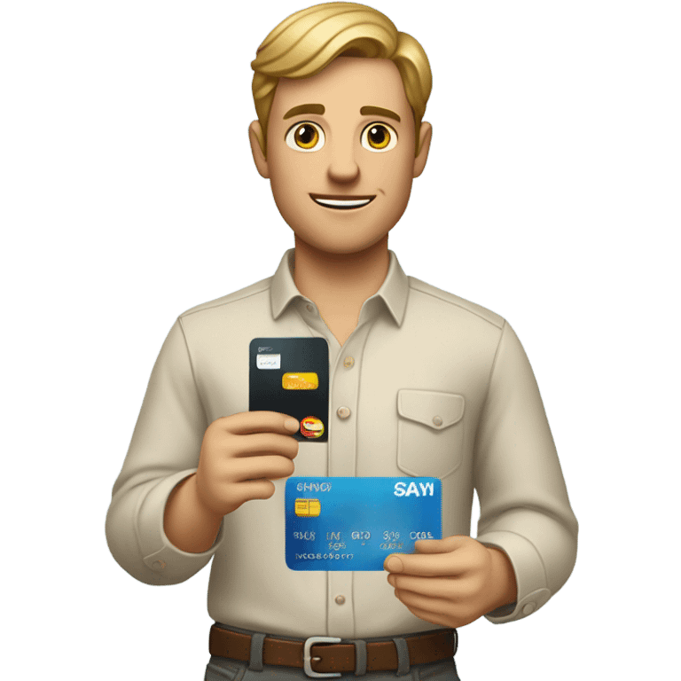 white guy in business casual look showing a credit card  emoji