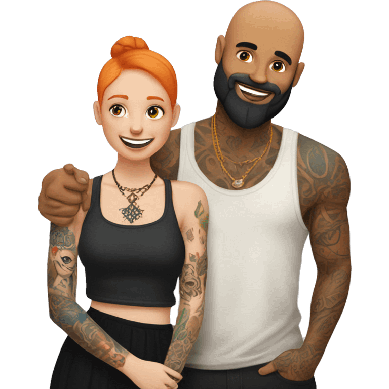 Indian Beard guy with bald head and tattoos on left hand hugging a ginger hair Croatian girl with septum ring and tattoos on right hand  emoji