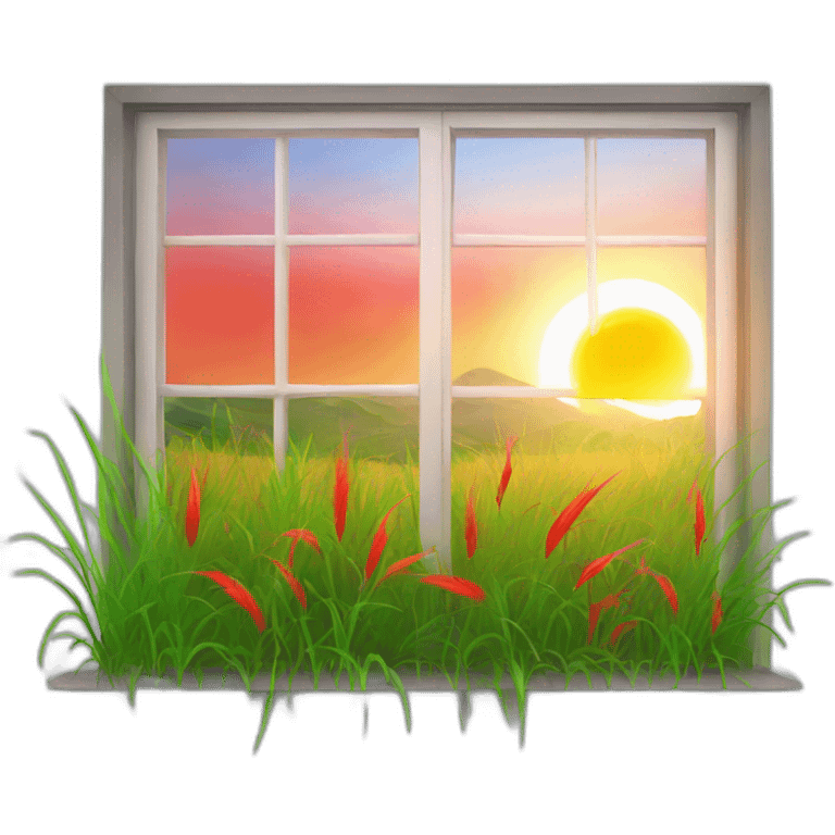 window with red fire grass and red sun emoji