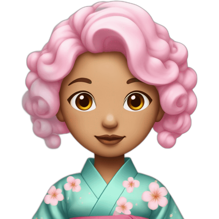 Cute girl in a kimono with cotton Candy colored hair emoji