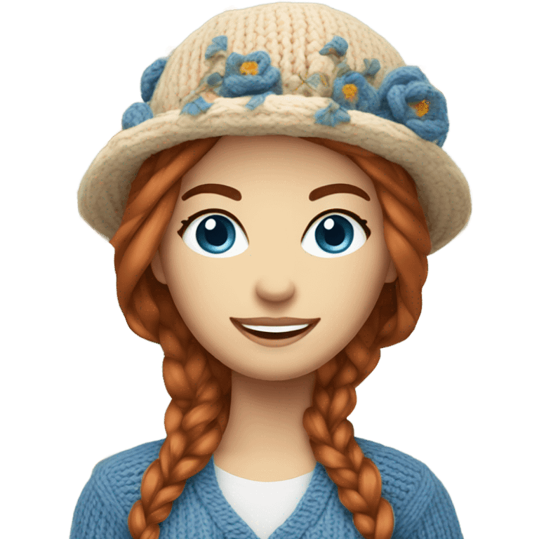 beautiful finnish auburn hair woman with blue eyes knitting floral hat emoji