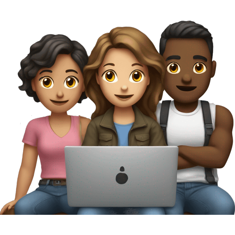 2 girl and 3 man each of them holding laptop and sit together  emoji