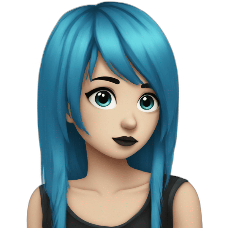 Side profile sad emo girl, black makeup, long choppy blue hair side bangs emoji