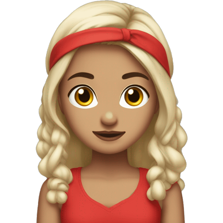 A brunett Riley wearing red clothes and headband emoji