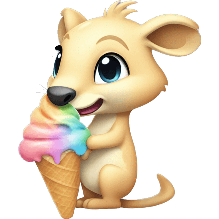 Really cute and derpy rainbow pastel kangaroo holding derpy ice cream  emoji