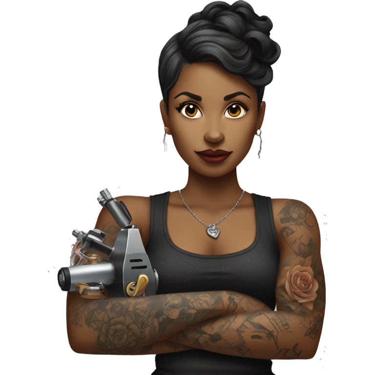 Black female tattoo artist with tattoo holding a tattoo machine emoji