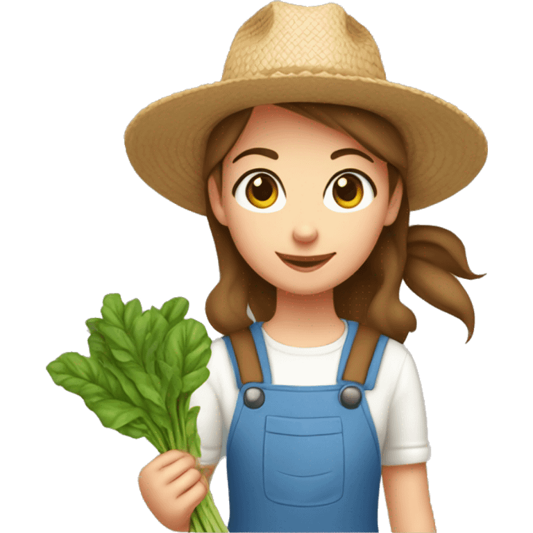 farmer girl blue eyes, brown hair, with a straw hat, ponytail, holding greens emoji