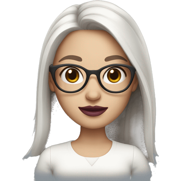 memoji very white skinned girl with long dark brown hair and oval glasses and dark pink lips emoji