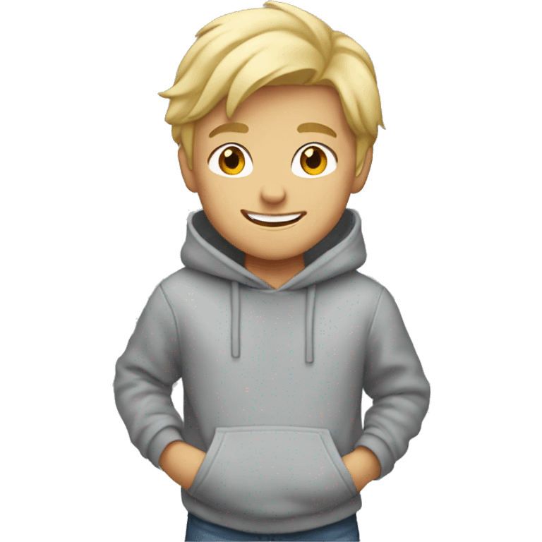 Blonde boy smiling wearing gray hoodie emoji