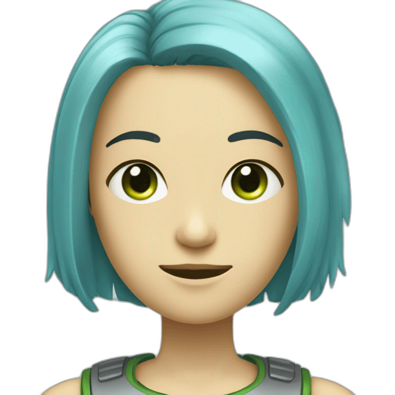 robot with a human head, very thin face, clear cheekbones, green slightly narrow eyes, blue disheveled shoulder-length hair, human complexion emoji