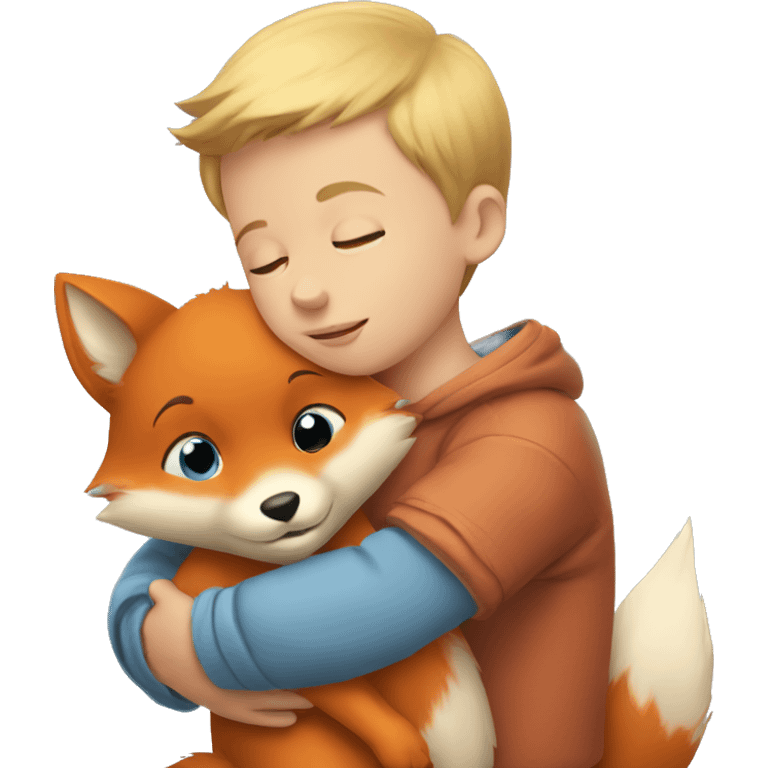 baby boy hugging little fox with blue eyes emoji