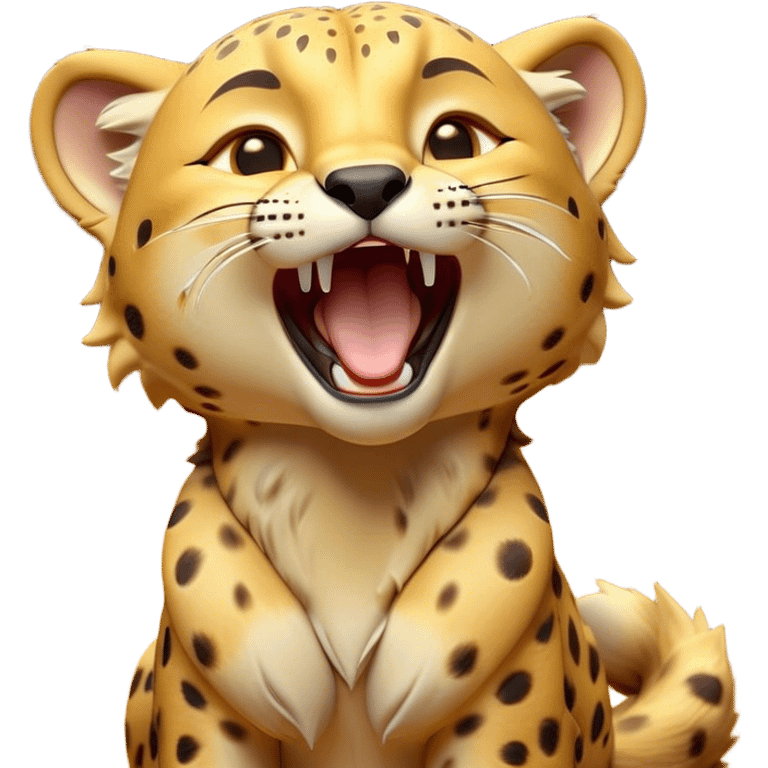 Cinematic Cute Yawning Cheetah Portrait Emoji, Head tilted slightly with a dramatic, wide-open yawn, showcasing a soft, sleek golden Fur with distinctive spots and floppy ears slightly drooping, round amber eyes barely open in drowsy contentment, Simplified yet irresistibly adorable features, highly detailed, glowing with a soft, cozy glow, high shine, relaxed yet expressive, stylized with a touch of savannah whimsy, bright and endearing, soft glowing outline, capturing the essence of a sleepy yet affectionate cheetah, so drowsy it feels like it could stretch right out of the screen and curl up for a nap! emoji