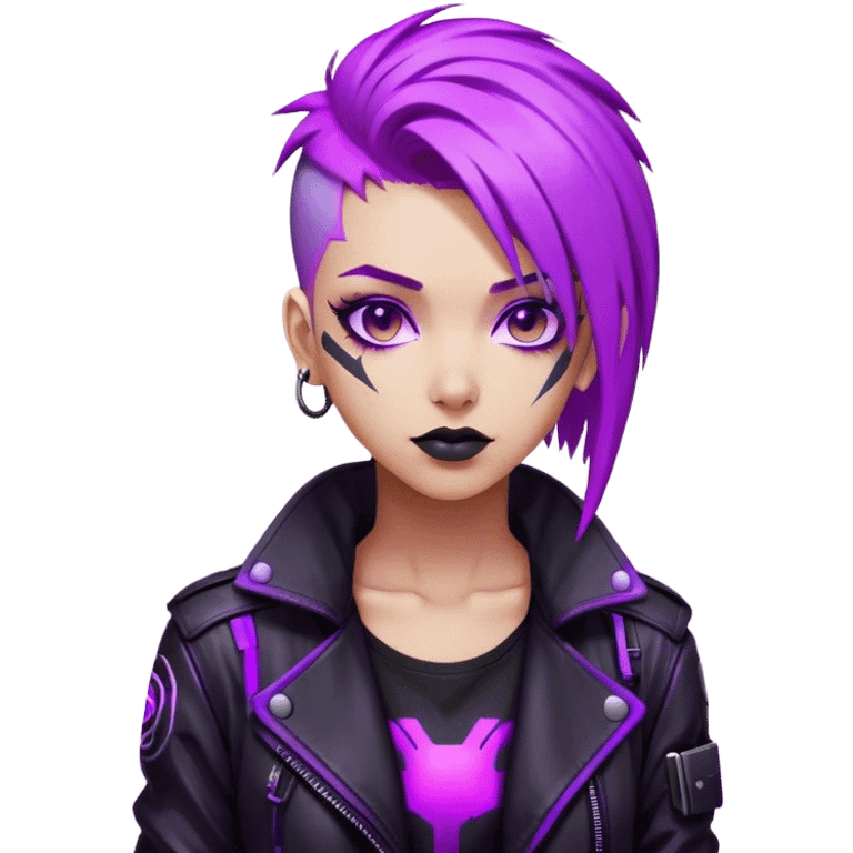 A cyberpunk hacker with neon purple hair, black leather jacket, and glowing screens. emoji