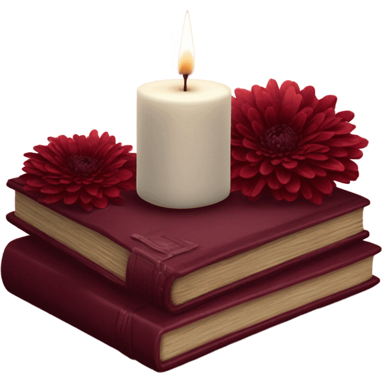 A maroon book stack adorned with ruby-red chrysanthemums and a candle emoji