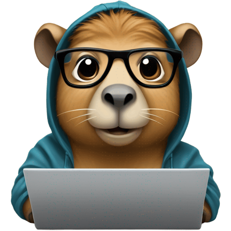 Nerdy cute capybara with its distinct large dark snout, big eyes, with glasses wearing a hoodie and coding on a laptop  emoji