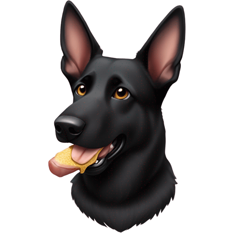 Black German Shepard eating a pig ear emoji