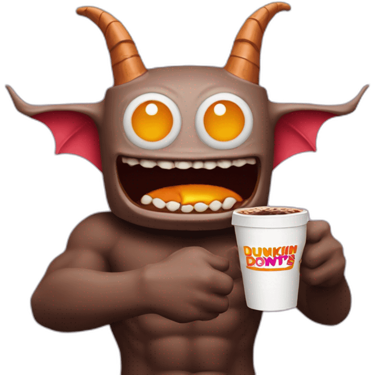 a demon holding a dunkin donuts coffee cup emoji