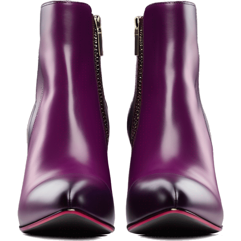 Realistic isolated top view of a plum purple to wine color ombre Jimmy Choo stiletto zippered ankle bootie boots.  emoji