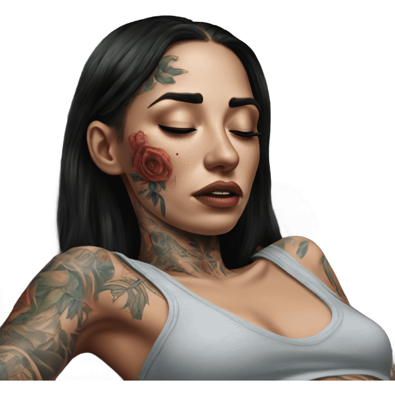 Hyper Realistic Beautiful tattooed woman crying lying on her sofa  emoji