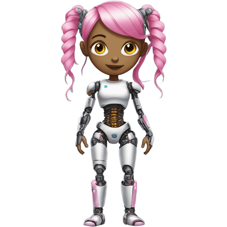 cyborg girl, pink hair, robot body, gynoid, twintails, cyberpunk emoji