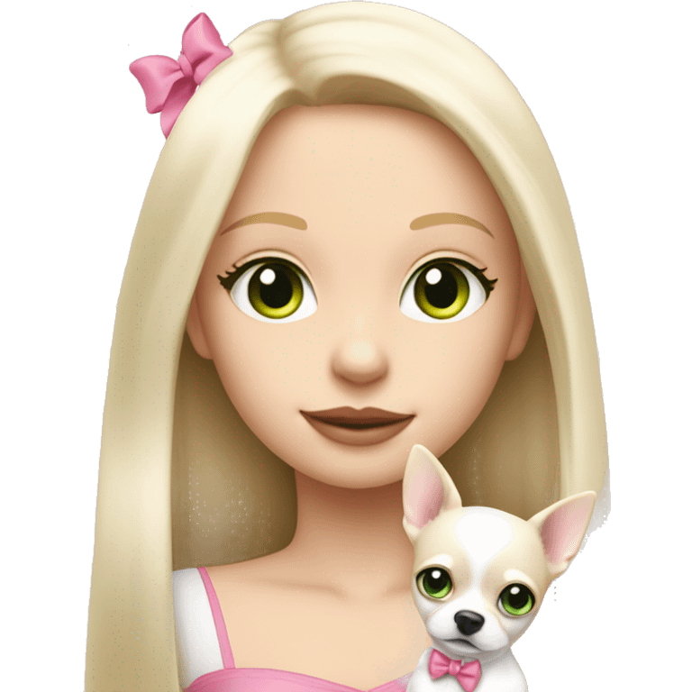 pale blond girl with long platinum hair with green eyes holding a white chihuahua puppy that wearing a pink bow emoji