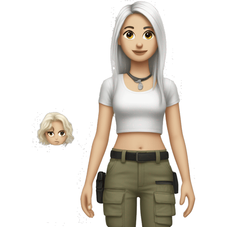 hair straight, white face colour, slender face, silver eyes, crop top with cargo pants and accessories emoji