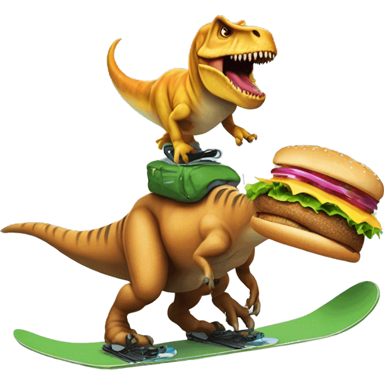 T-Rex snowboarding with cheeseburger  emoji